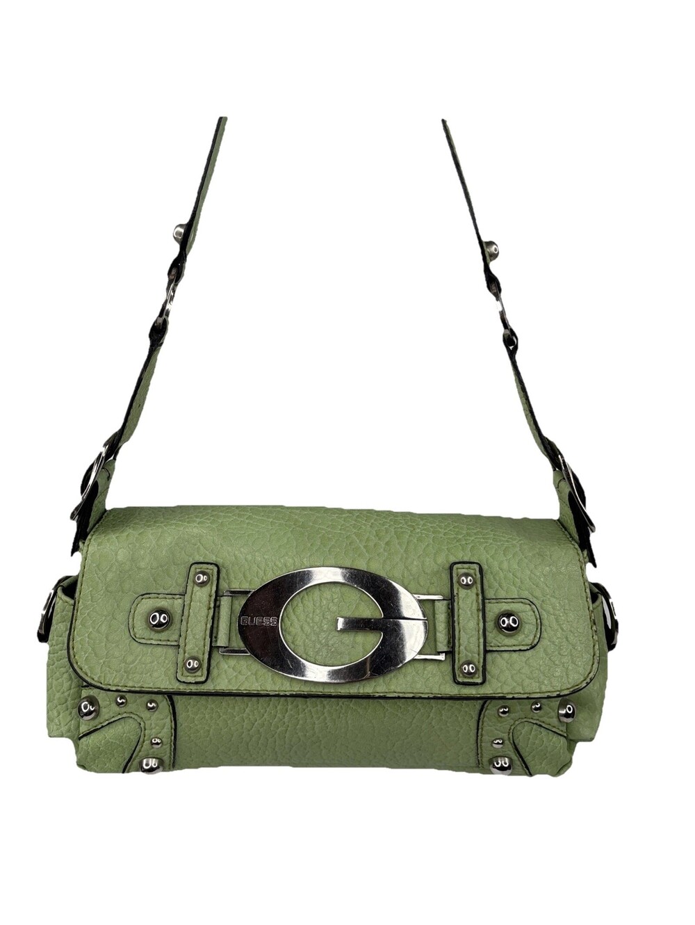 Guess Lime Green Leather Purse Shoulder Baguette Bag Studded G Logo Y2K Rare
